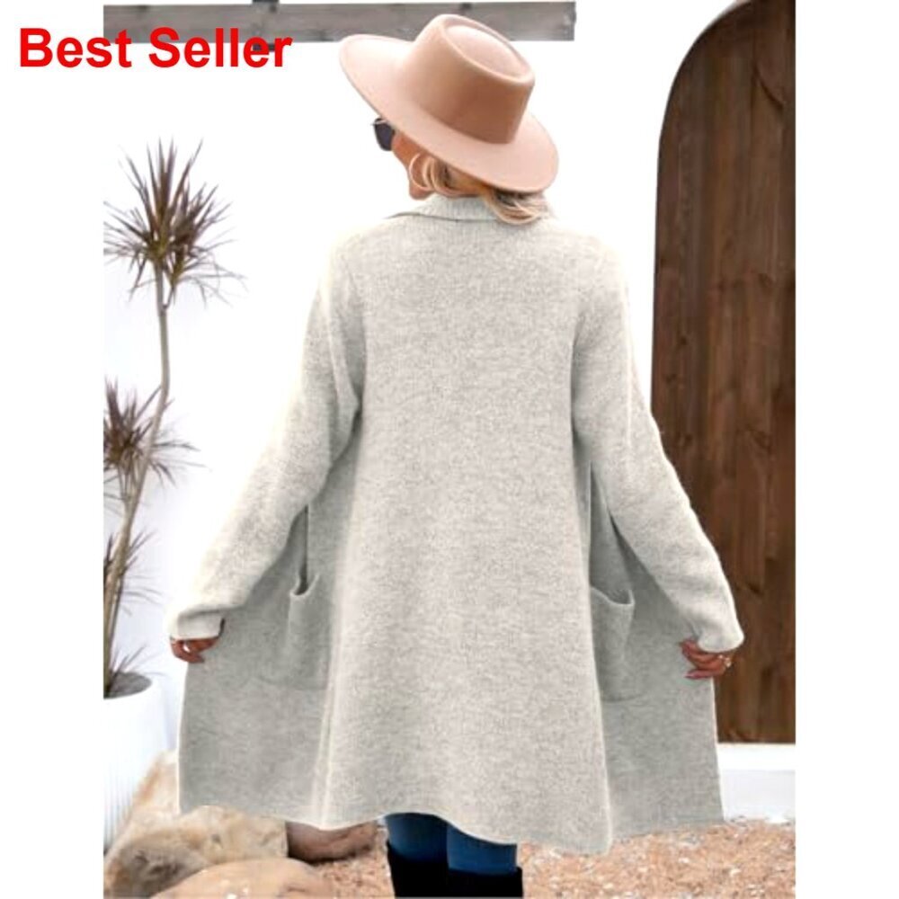 Long Knit Cardigan Sweater Jacket with Pockets, Notch Lapels, Chunky Fabric - Picture 2 of 7
